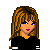 Pixel art buddy icon featuring a female character with long brown hair and blue eyes in black dress, next to partial view of another figure holding sign reading "I Am Hated" on black background.