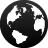 Black circular icon with white landmasses forming a stylized globe, showing partial continents on a gray background.