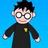 Pixelated character with black hair and glasses in black robe with yellow emblem on blue background, surrounded by red pixelated text phrases.