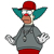 Pixelated character with red cap, teal ear flaps, gray hoodie, and red pants stands against white background.
