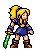 Pixelated character with blonde ponytail, blue top, blue skirt, brown boots, green sword, gray background, four distinct poses showing movement from left to right.