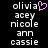Pixelated text list with a pink heart symbol next to 'olivia' on the left side of a black background.
