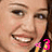 six pixelated facial close-ups showing a smiling person with brown hair, each featuring pink and yellow text elements in the lower-left corner