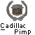A static pixelated image shows a gray circular wreath surrounding a blurred central emblem with brown and green tones, below which black-and-white text reads "Cadillac Pimp" on a light gray background.