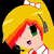 Pixelated anime-style character with blonde hair and green eye, wearing white top with red tie and black skirt, holding white object with red trim.