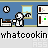 Pixelated cartoon character in a kitchen setting with repeated text below, showing animation changes across three