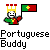 Pixelated character wearing yellow crown with red jewels, green and red clothing, holding Portuguese flag; text reads "Portuguese Buddy" below.