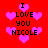 Red background with pink hearts and black text reading 'I LOVE YOU NICOLE' in four identical sections.