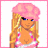 Pixelated cartoon character with pink headwear and swimsuit next to stylized text on a white background.