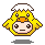 Pixelated yellow bird-like character with white snow cap, orange beak, and pink tongue sticking out against gray background.