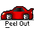 Red sports car icon with black windows and gray wheels, shown in reducing in size from full vehicle to partial rear
