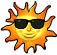 A sun-shaped icon with orange-yellow gradient rays, black sunglasses, and a smiling face in two of three icons each