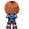 Pixel art character with brown curly hair and blue outfit in multiple poses against gray background.