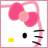 Pixelated pink bow on white face with black oval eyes, yellow dot cheek, and three horizontal whiskers.