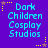 Pixelated text 'Dark Children Cosplay Studios' in cyan on purple background with yellow and brown star accents.