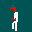 Pixelated figure with red head and torso, white limbs, standing on dark teal background; gray platform visible at bottom right.