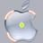 Pixelated apple-shaped icon with a bite taken out, featuring a yellow-green center dot and brownish-orange curved accents on the left and right edges against a gray background.