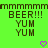 Green background with pixelated text and two purple hearts, displaying 'BEER!!! YUM' repeated twice in brown block letters.