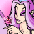 Pixelated cartoon character with purple hair holding a pink flower-like object against a gradient background, shown in two sequential animation frames.