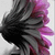 Animated sequence of a stylized figure with flowing black and gray hair against a light background, transitioning from side view to front view.