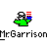 Pixelated cartoon character icon with green shirt and American flag prop, displayed in a contact sheet layout with two identical frames showing the same pose.