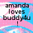 Pixelated text reads 'amanda loves buddy4u!' over a pink and blue gradient background with white triangular shapes.