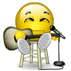 Animated yellow emoji face with closed eyes and raised eyebrows singing into microphone while seated on stool, holding guitar.