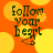 Animated orange background with yellow circles and dark green text reading "follow your heart <3" in four quadrants.