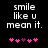 Pixelated text reads 'smile like u mean it.' above five pink and purple heart symbols on a black background.