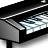 Pixelated image of a grand piano with open lid showing strings and soundboard, rendered in grayscale with cyan highlights on the interior.