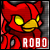 Red cartoon bird with yellow eyes and beak, static image with 'ROBO' text below, pixelated style on gray background.