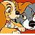 Pixelated static image of a cartoon dog with light brown fur and dark eyes, positioned against an orange gradient background.