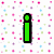 Green lowercase 'i' with black outline, purple '<3' symbol with white heart center and black outline, pink 'him' text with black outline on patterned background.