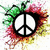 A peace symbol surrounded by green, red, and yellow splatters on a white background with a purple hand making a peace sign.