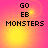 Pixelated text 'GO EB MONSTERS' on a pink and yellow gradient background with two distinct glowing light effects.