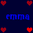 Pixelated blue text 'emma' appears twice on a dark blue background, surrounded by red heart icons in a pattern
