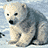 Pixelated polar bear sits on snow with blue background containing text and white vertical bars