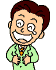 Pixelated cartoon man with brown hair, light green jacket, orange tie, and white shirt; left pose shows hands clasped over chest, right pose shows open hands with motion lines.