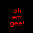 Red pixelated text 'oh em gee!' on black background with shifting pink rectangular overlays.