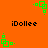 Green pixelated square shapes animate on an orange background with black text reading 'iDollee' below each animation sequence.