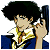 Pixelated anime-style character with large black afro hair, yellow and white shirt, blue jacket, holding a dark object near their face against a plain background.