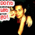 Pixelated character with glowing yellow skin and red collar, two identical figures side-by-side against black background, left figure has text bubbles reading "DON'T LET GO!".