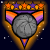 A shield-shaped icon with a basketball at center, bordered by orange and purple stripes, stars, and a dark blue background with white speckles.
