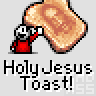 A 6-frame animated contact sheet showing a pixel art character holding toast with varying degrees of browning across frames, accompanied by repeated text "Holy Jesus Toast!" below each frame.