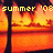 Pixelated sunset scene with orange and yellow gradient sky, dark vertical pole on left, and text reading 'SUMMER '08' in yellow block letters.