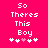 Pixelated text "So Theres This Boy" on bright pink background with five white and one light pink heart symbols below.