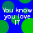 Blue background with green circular shapes and repeated white text "You know you love IT" in pixelated font.