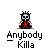 Pixelated character with spiky hair and red-black clothing stands above text reading "Anybody Kill" on gray background.