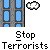 Animated contact sheet showing 18 frames of a pixel art animation with repeated text "Stop Terrorists" and various objects including airplanes, missiles, buildings, and explosions.