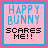 A pixelated blue bunny with a pink nose and white belly holds a knife, surrounded by four of text reading "HAPPY BUNNY SCARES ME!!" in varying color schemes